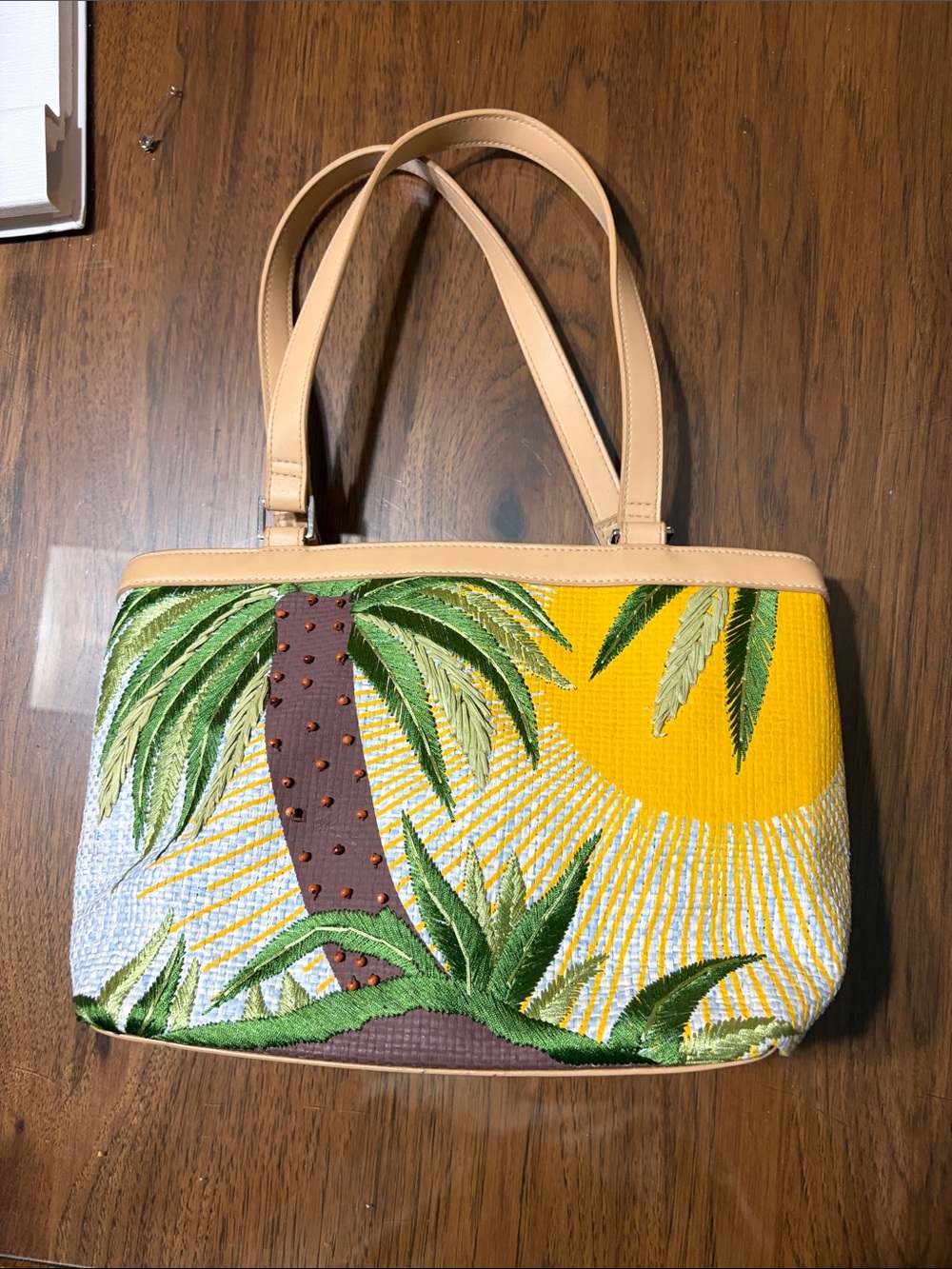 Kalanui Hawaii Vintage Embroidered Palm Tree Tote - Yellow & Green